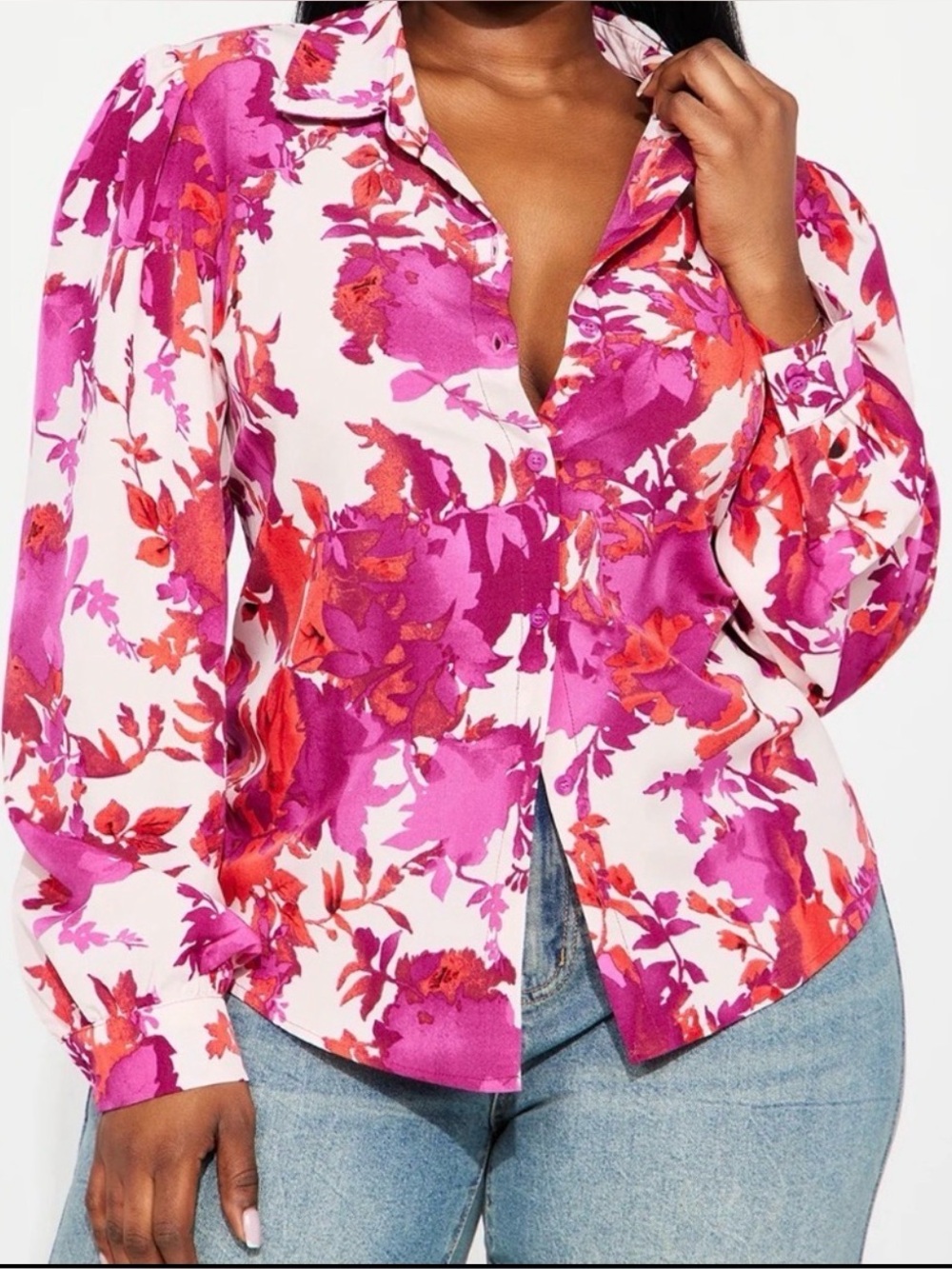 Fashion Nova Pink & Red Floral Button-Down Shirt Size XL